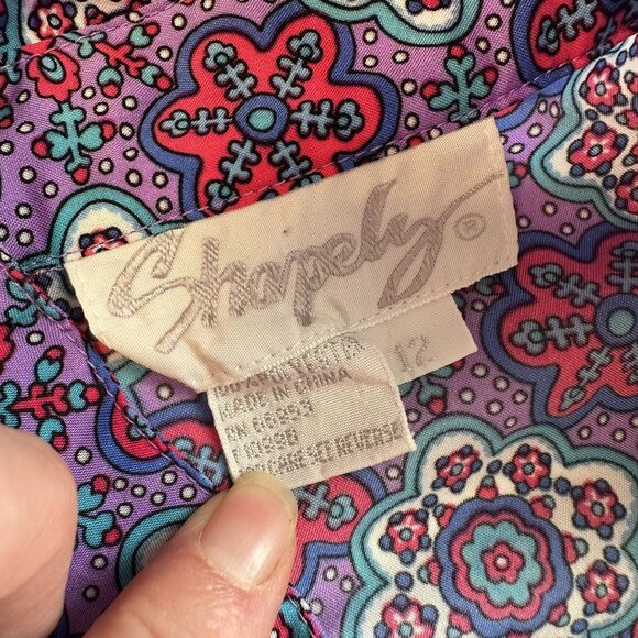 Vtg Womens Purple Blouse Large Purple Geometric Button Up Neck Tie 1980s Poly - Picture 7 of 12